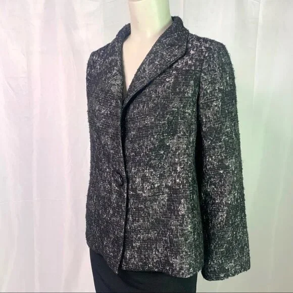 EILEEN FISHER BLACK METALLIC BLAZER SINGLE BREAST WOMEN  WOOL BLAZER SIZE SMALL - Picture 6 of 11